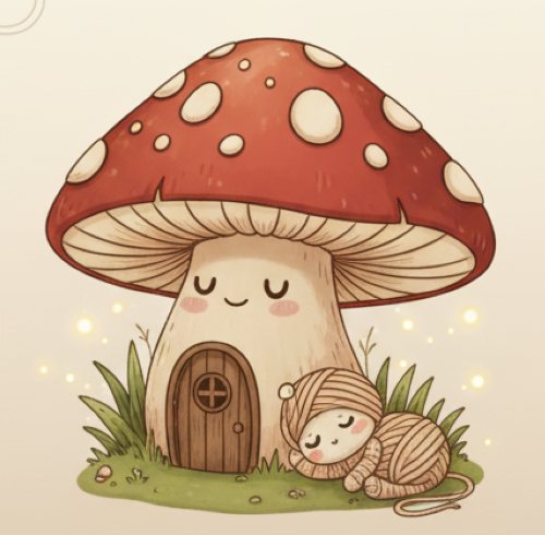 Illustrated toadstool cottage with a sleeping yarn kitten curled at its door