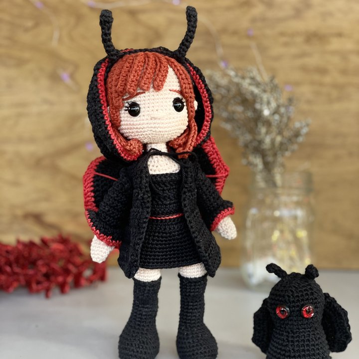 Claire the Mothgirl crochet pattern, finished amigurumi